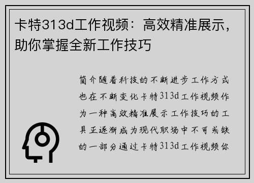 卡特313d工作视频：高效精准展示，助你掌握全新工作技巧